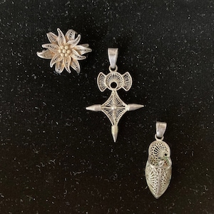 Collection of Vintage Yemenite Silver Filigree Jewelry, Flower Brooch, Cross Pendant, Shoe Charm- Sanaa, Tuareg, ethnic jewelry,