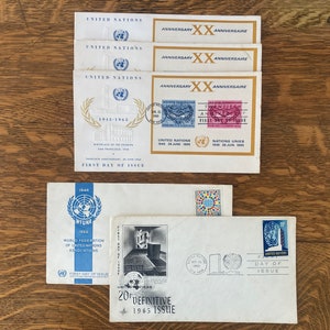 United Nations Twentieth Anniversry/WFUNA Postal First Day Of Issue Stamp Envelopes 1965-66 - vintage ephemera, memorabilia, philately, FDC