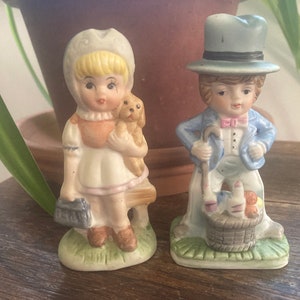 Two Porcelain Bisque Made in Taiwan Figurines, boy and girl, hand painted, 50s