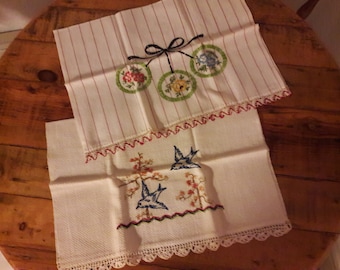 Hand Embroidered Linen Tea Towel, 1950's, Mid Century