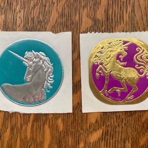 2 Unicorns, Gorgeous Gold Silver Foil Embossed Stickers, 80s - vintage stickers, retro stickers