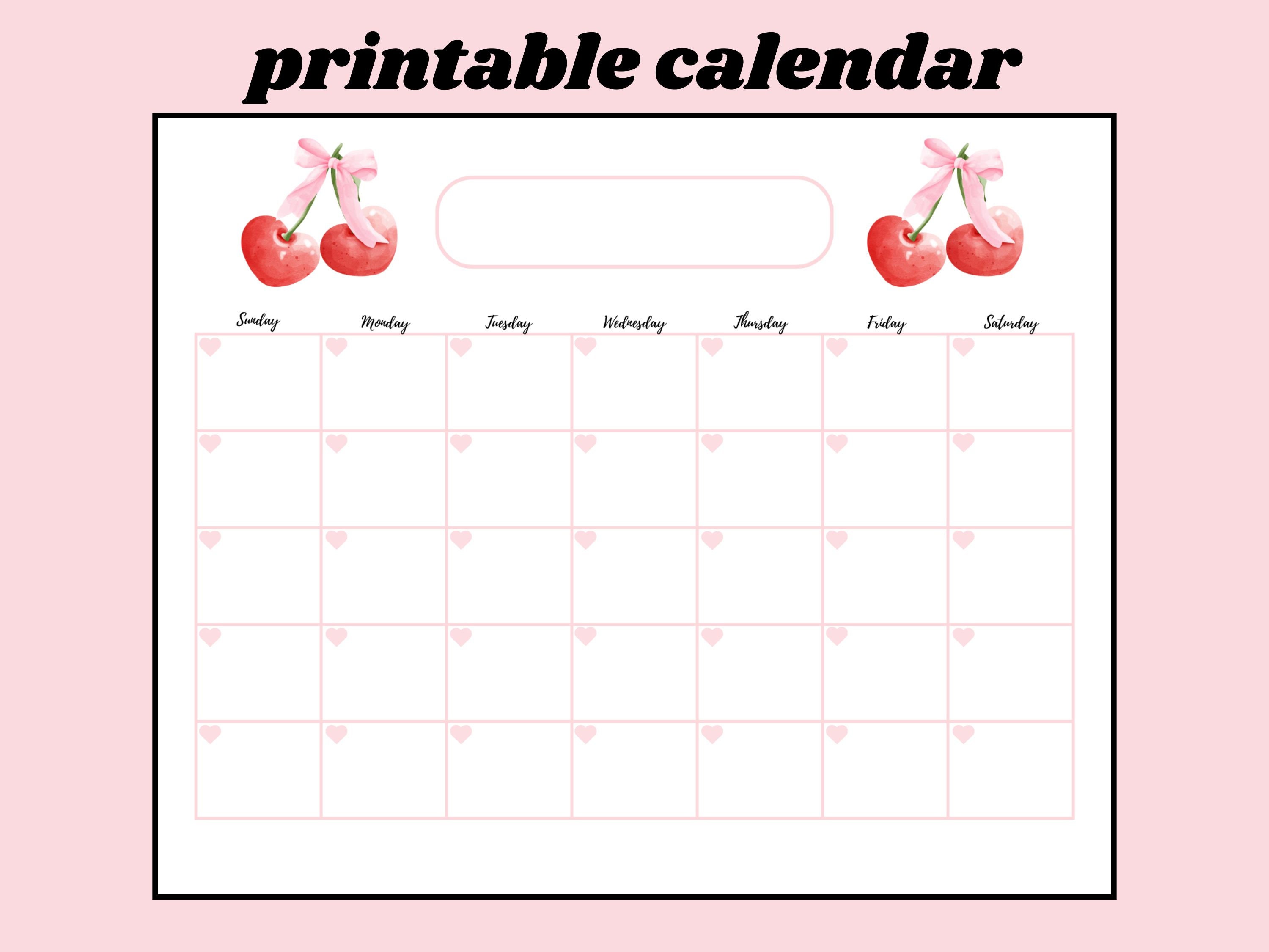 Cute Cherry Coquette Printable Calendar | Red Cherry Bow Printable Calendar | Open Printable Monthly Planner