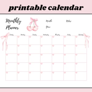 Cute Bow Calendar | Printable Open Monthly Calendar | Coquette Monthly Calendar | Cherry Bow Calendar