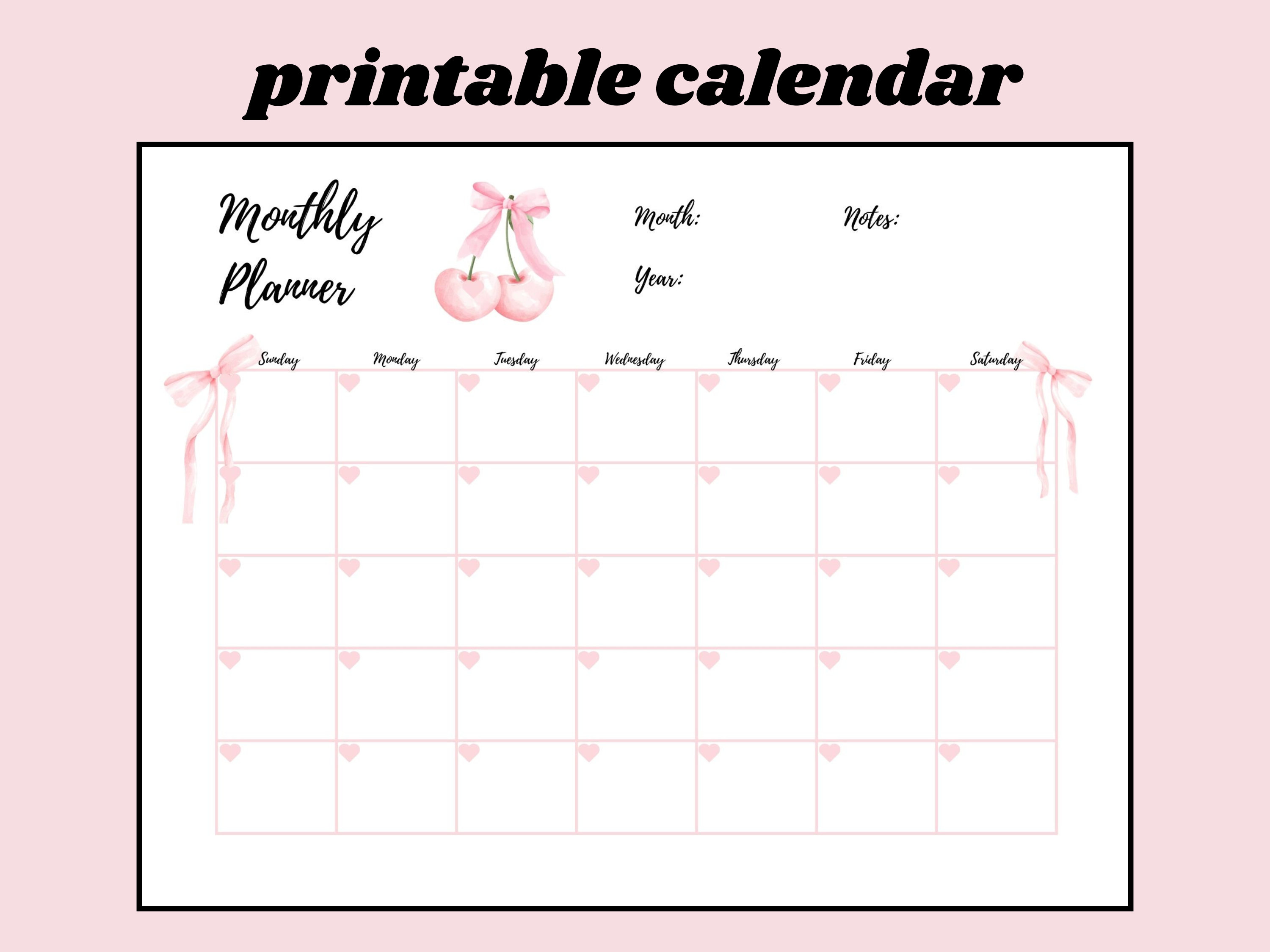 Cute Bow Calendar | Printable Open Monthly Calendar | Coquette Monthly Calendar | Cherry Bow Calendar