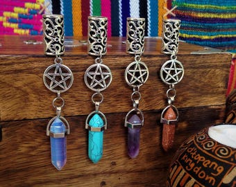 1 Dreadlock Bead featuring Pentagram Charm and your choice of Stone • Filigree Silver Toned Metal • 8mm Hole Size • Crystal • Gemstone