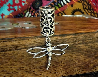 1 Dreadlock Bead featuring Dragonfly Charm • Filigree Silver Plated Metal • 8mm Hole Size