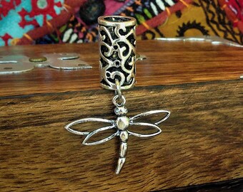 1 Dreadlock Bead featuring Dragonfly Charm • Filigree Silver Plated Metal • 8mm Hole Size