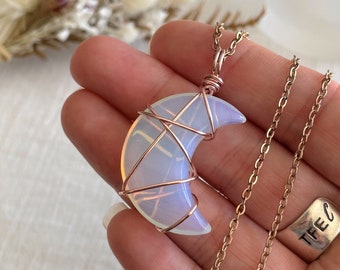 Opalite Crescent Moon Wire-Wrapped Pendant • Necklace • Rose Gold • Wire Wrapped Crystals • Moon Jewellery • Luna Jewellery • Lunar Necklace