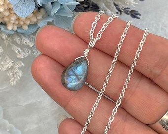 Labradorite Droplet Necklace • Pendant • Silver • Crystal • Gemstone • Wire Wrapped Crystals • Blue Flash Lab • Teardrop • Dainty Necklace