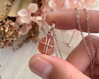 Mini Sunstone Wire-Wrapped Pendant • Necklace • Rose Gold • Crystal • Gemstone • Wire Wrapped Crystals • Petite Necklace • Rough • Raw