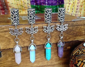 1 Dreadlock Bead featuring Om Lotus Flower Charm and your choice of Stone | Filigree Silver Toned Metal, 8mm Hole Size | Crystal | Gemstone