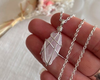 Mini Kunzite Wire-Wrapped Pendant • Necklace • Silver • Crystal • Gemstone • Wire Wrapped Crystals • Petite Necklace • Rough • Raw