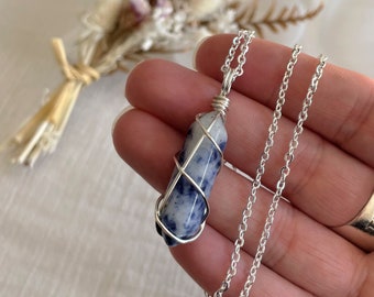 Mini Sodalite Point Wire-Wrapped Pendant • Necklace • Silver • Wire Wrapped Crystals • Double Terminated