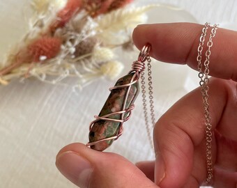 Mini Unakite Point Wire-Wrapped Pendant • Necklace • Rose Gold • Wire Wrapped Crystals • Double Terminated