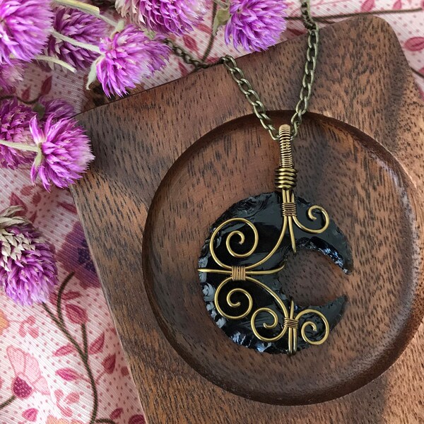 Obsidian Crescent Moon Wire-Wrapped Pendant | Necklace | Bronze