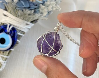 Raw Amethyst Wire-Wrapped Pendant • Necklace • Silver • Crystal • Gemstone • Wire Wrapped Crystals • Rough