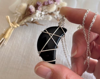 Obsidian Crescent Moon Wire-Wrapped Pendant • Necklace • Silver • Wire Wrapped Crystals • Moon Jewellery • Luna • Lunar Necklace
