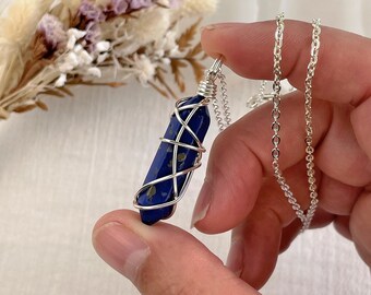 Mini Lapis Lazuli Point Wire-Wrapped Pendant • Necklace • Silver • Wire Wrapped Crystals • Double Terminated