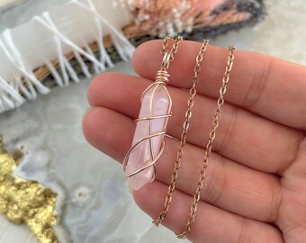 Mini Rose Quartz Point Wire-Wrapped Pendant • Necklace • Rose Gold • Crystal • Gemstone • Wire Wrapped Crystals • Double Terminated