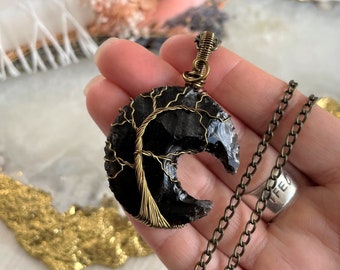 Obsidian Crescent Moon Tree of Life Wire-Wrapped Pendant • Necklace • Bronze • Wire Wrapped Crystals • Moon Jewellery • Lunar Jewellery