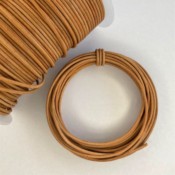 2mm • Tan • Natural Round Leather Cord • 2 metres (2.19 yards), 5 metres (5.47 yards) or 10 metres (10.93 yards)