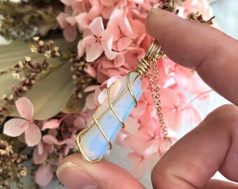 Mini Opalite Point Wire-Wrapped Pendant • Necklace • Gold • Wire Wrapped Crystals • Double Terminated