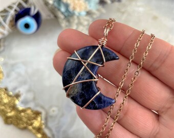 Sodalite Crescent Moon Wire-Wrapped Pendant • Rose Gold • Wire Wrapped Crystals • Moon Jewellery • Luna Jewellery • Lunar Necklace