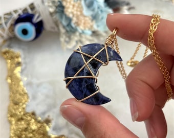 Sodalite Crescent Moon Wire-Wrapped Pendant • Gold • Wire Wrapped Crystals • Moon Jewellery • Luna Jewellery • Lunar Necklace