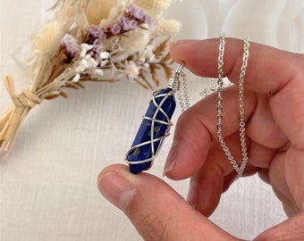 Mini Lapis Lazuli Point Wire-Wrapped Pendant • Necklace • Silver • Wire Wrapped Crystals • Double Terminated