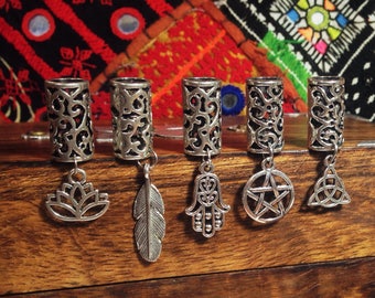 Set of 5 Dreadlock Beads feat. your choice of Charms | Silver Toned Metal, 8mm Hole Size | Lotus | Feather | Hamsa Hand | Pentagram | Celtic