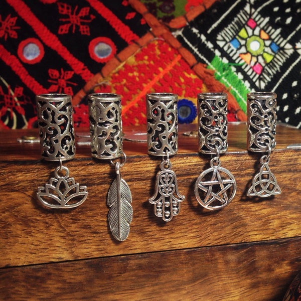 Set of 5 Dreadlock Beads feat. your choice of Charms | Silver Toned Metal, 8mm Hole Size | Lotus | Feather | Hamsa Hand | Pentagram | Celtic