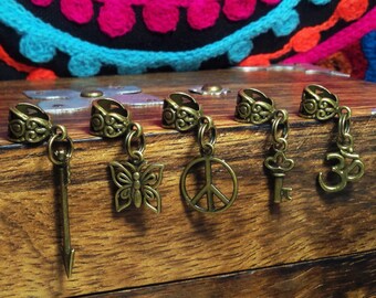 Set of 5 Dreadlock Beads featuring your choice of Charms | Filigree Bronze Toned Metal, 6mm Hole Size | Arrow | Butterfly | Peace | Key | Om