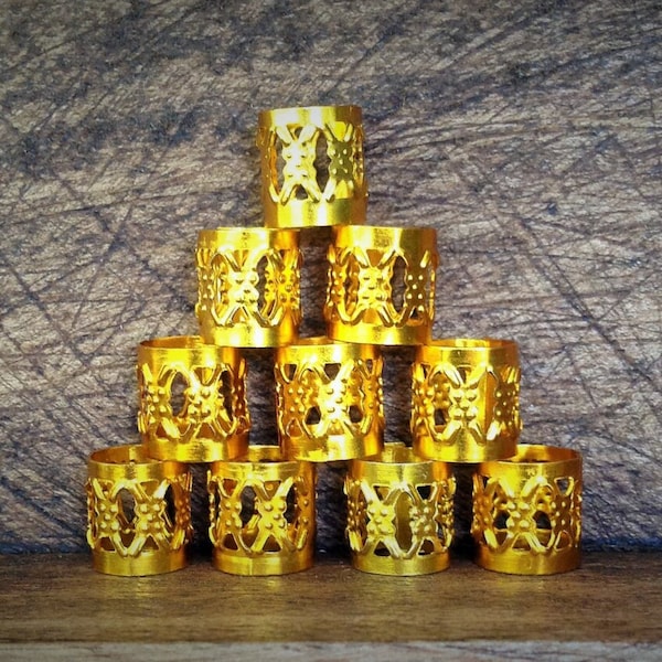 Set of 15 Dreadlock Beads | Filigree Gold Toned Metal, Adjustable Cuff, 8mm Hole Size