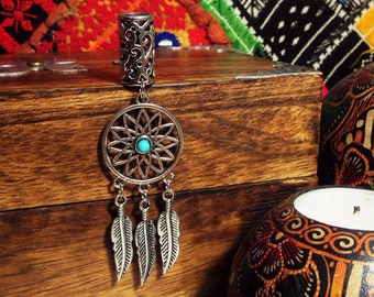 1 Dreadlock Bead featuring Dreamcatcher and Feathers Charm | Filigree Silver Toned Metal, 8mm Hole Size