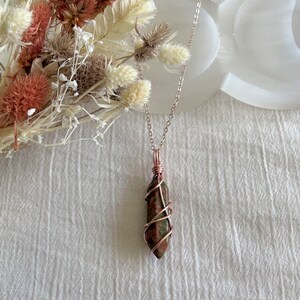 Mini Unakite Point Wire-Wrapped Pendant Necklace Rose Gold Wire Wrapped Crystals Double Terminated image 6