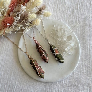 Mini Unakite Point Wire-Wrapped Pendant Necklace Rose Gold Wire Wrapped Crystals Double Terminated image 3