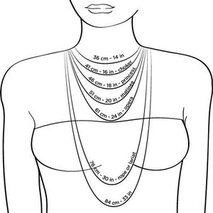 Op de afbeelding: Een lijntekening van een persoon die een ketting draagt met verschillende lengtes die in centimeters en inches zijn aangegeven. De lengtes zijn gelabeld met de bijbehorende kettingstijlen, zoals choker, prinses, matinee, opera en touw of lariat.