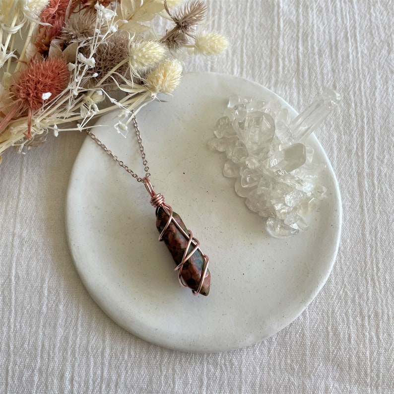 Mini Unakite Point Wire-Wrapped Pendant Necklace Rose Gold Wire Wrapped Crystals Double Terminated image 2