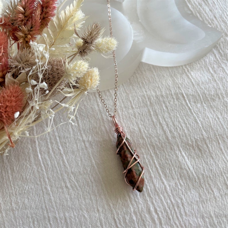 Mini Unakite Point Wire-Wrapped Pendant Necklace Rose Gold Wire Wrapped Crystals Double Terminated image 7
