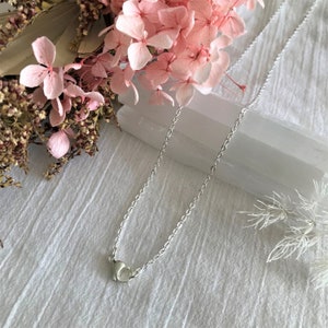 Op de afbeelding: Een delicate zilveren ketting met een klein hartvormig hanger. De ketting ligt op een wit oppervlak met gedroogde roze bloemen.