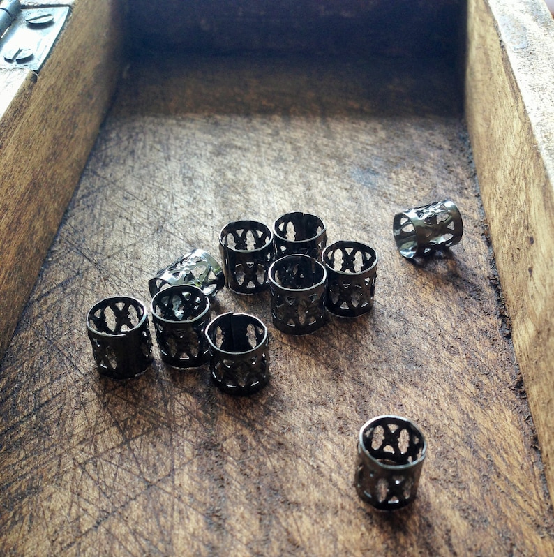 Set of 15 Dreadlock Beads Filigree Gunmetal Grey Toned Metal Adjustable Cuff 8mm Hole Size