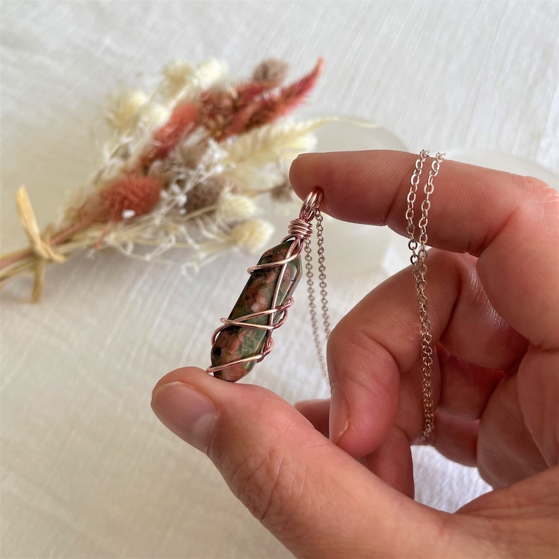 Mini Unakite Point Wire-Wrapped Pendant Necklace Rose Gold Wire Wrapped Crystals Double Terminated image 1