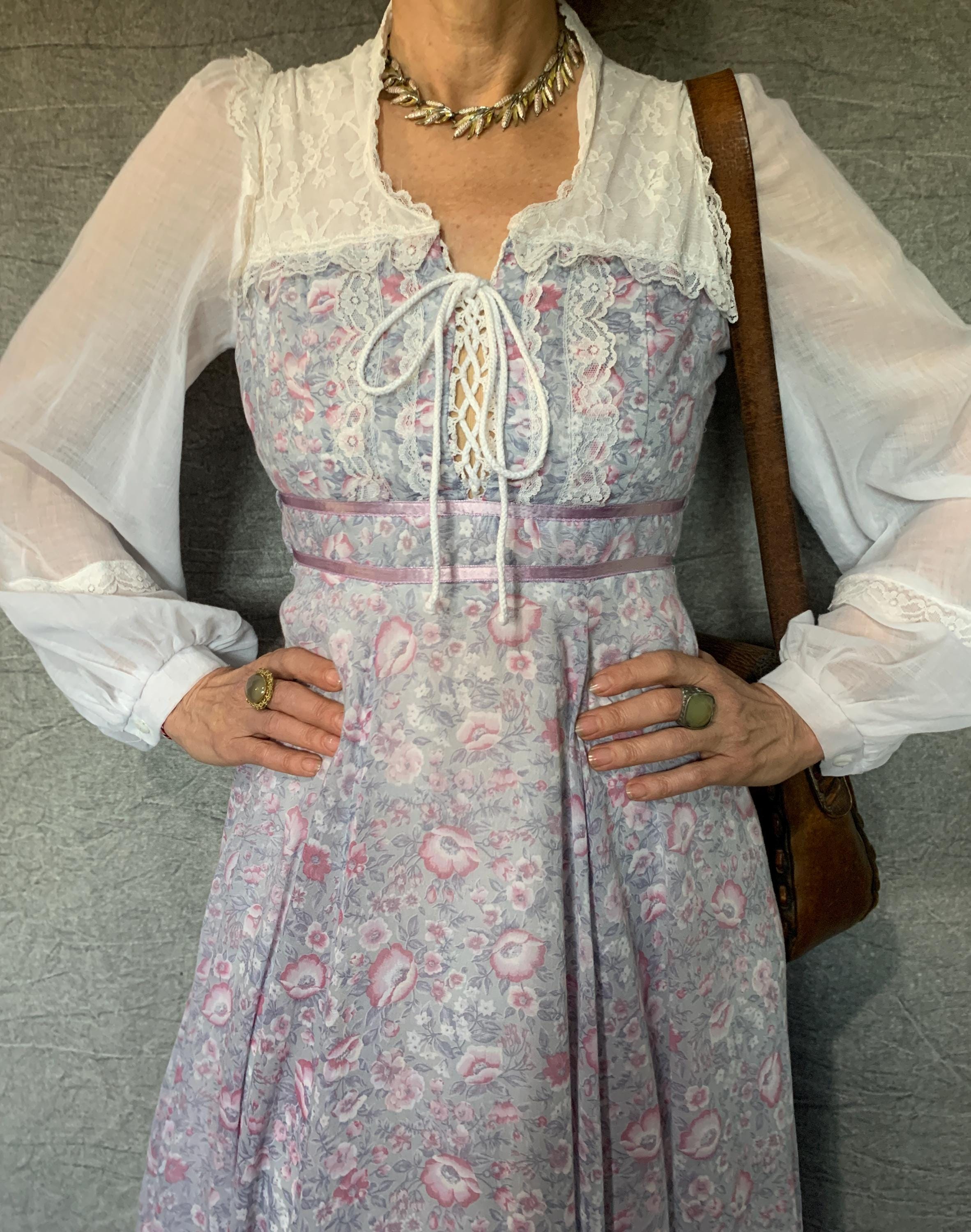1970s Vintage Gunne Sax Maxi Dress, Floral Print Corset Top Tie Back ...