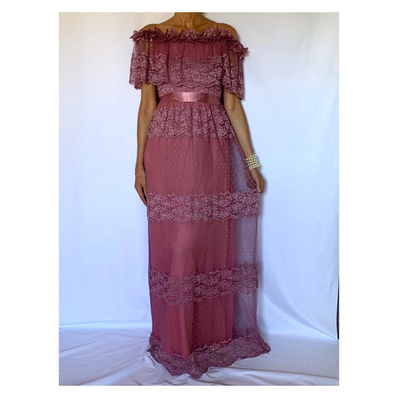 70s Vintage Victorian Style Cape Lace Romantic Evening Dress | Off Shoulder | Old Hollywood Glam | 70s Lace Bridal Gown | Fairy Goddess | S