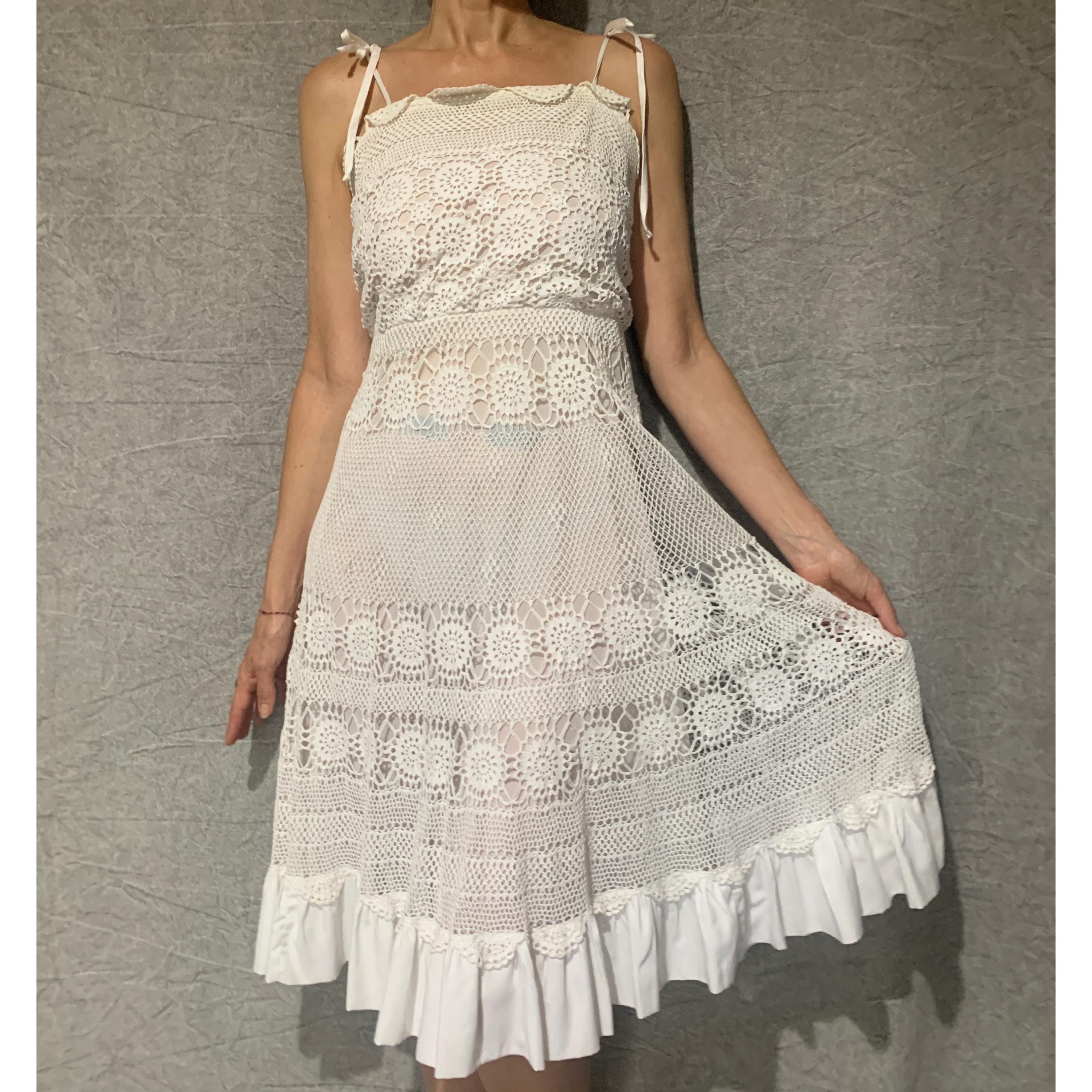 vintage white crochet dress Vintage Hand Crochet Dress - S-L