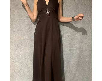 70s Vintage Classic Style Halter Neck Maxi Chocolate Brown Dress\Evening Retro Tie Back Summer Dress\Hostess Diamanti Gown\ Size 10 USA 6