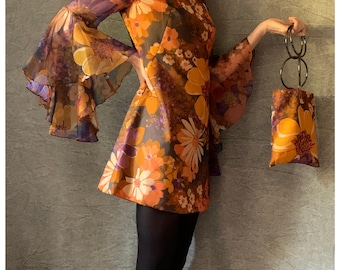 Vintage 60s Floral Mini Chiffon Dress | GoGo Layered Bell Sleeve | Retro 60s Mod Giant Flower Long sleeve | Festival Tunic Style Mini S-M