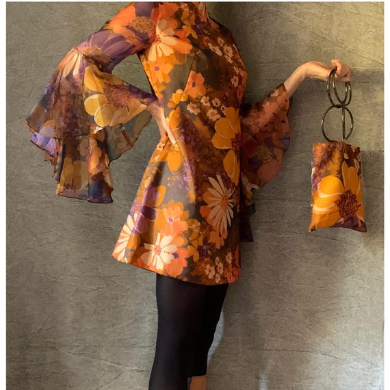 60s floral mini dress 60s Orange Mod Mini Dress Retro Floral Turtleneck GoGo Dress Trendy Hip Buys