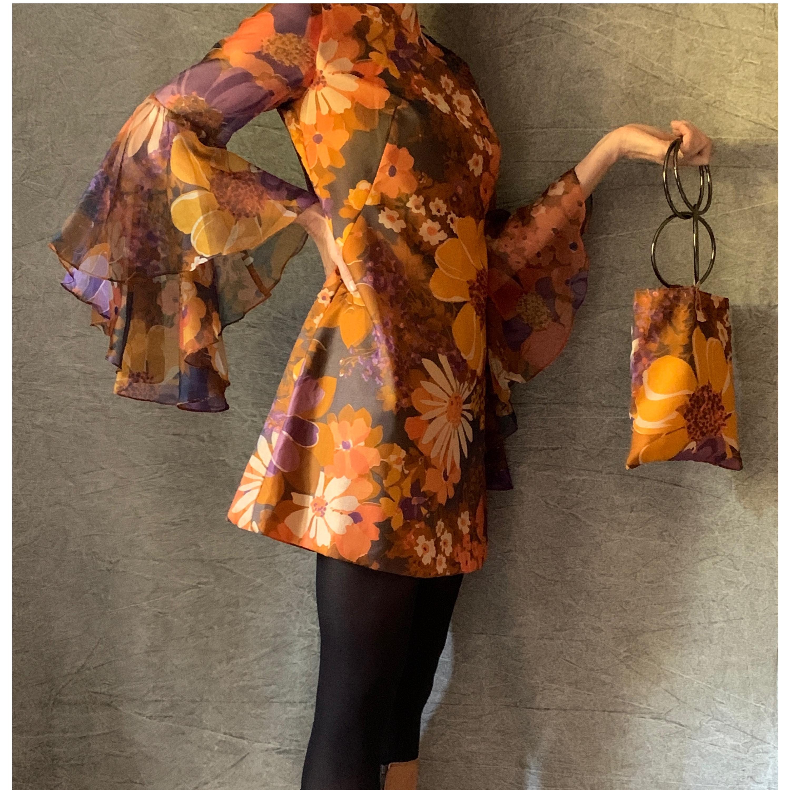 long sleeve gogo dress Vintage Long Sleeve Floral Maxi Dress Mod Gogo Colorful