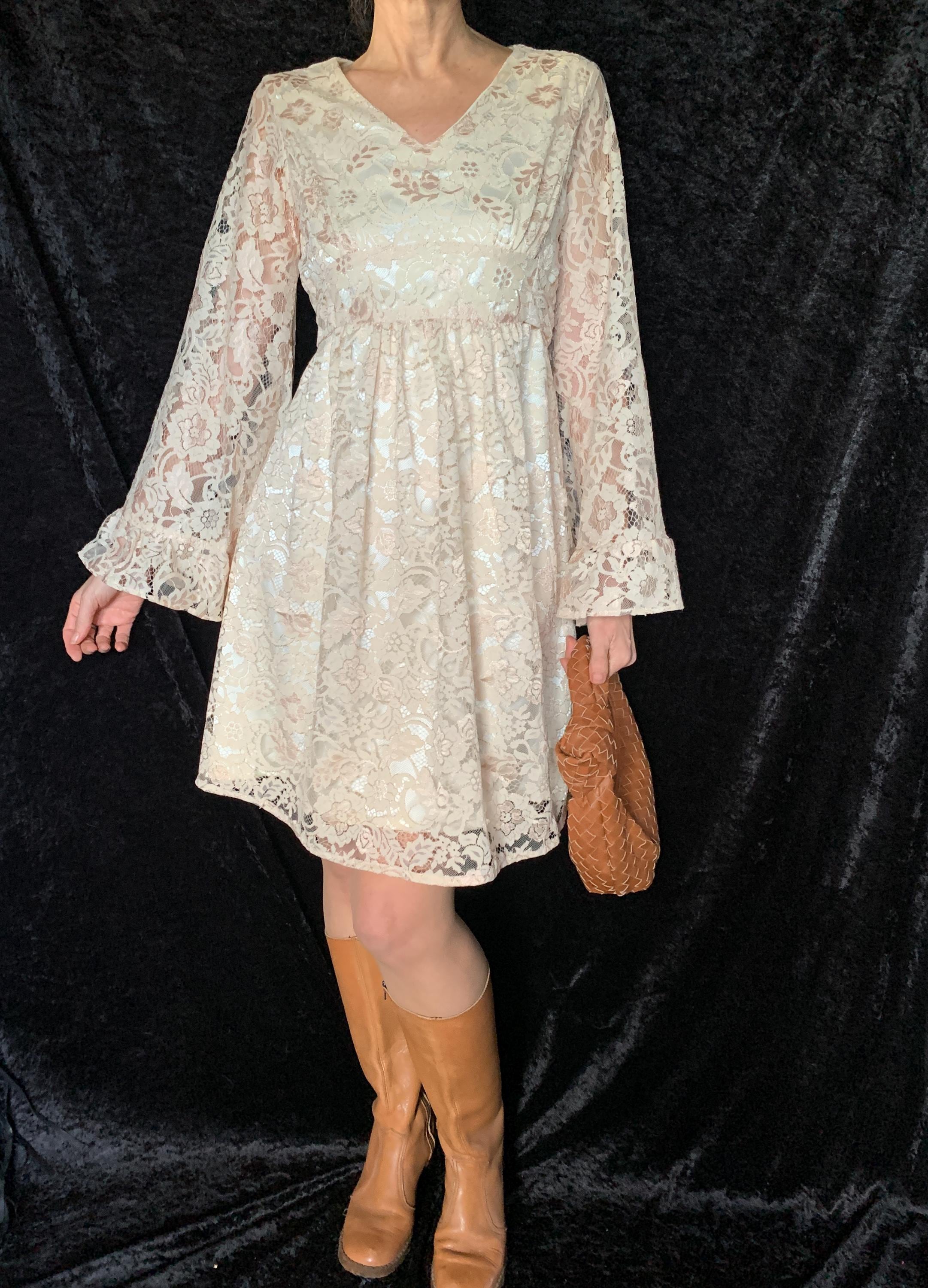 cream lace dress with sleeves Leila High Neck Lace Dress Cream L